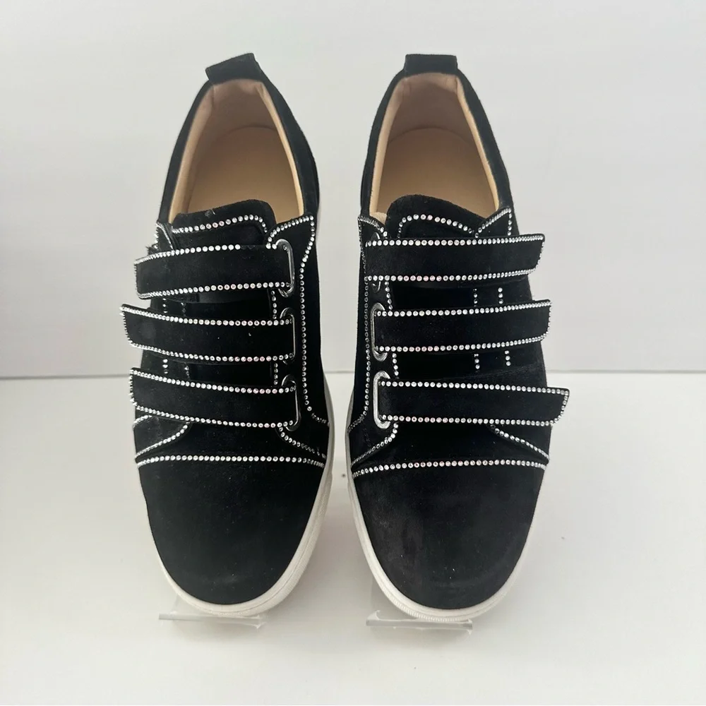 EUC! Christian Louboutin Black Suede Kiddo Bordo Crystal Velcro Sneakers 37 7 - Picture 2 of 15